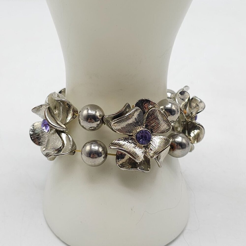 Silver Floral Beaded Stretch Bracelet with Purple Rhinestones Vintage